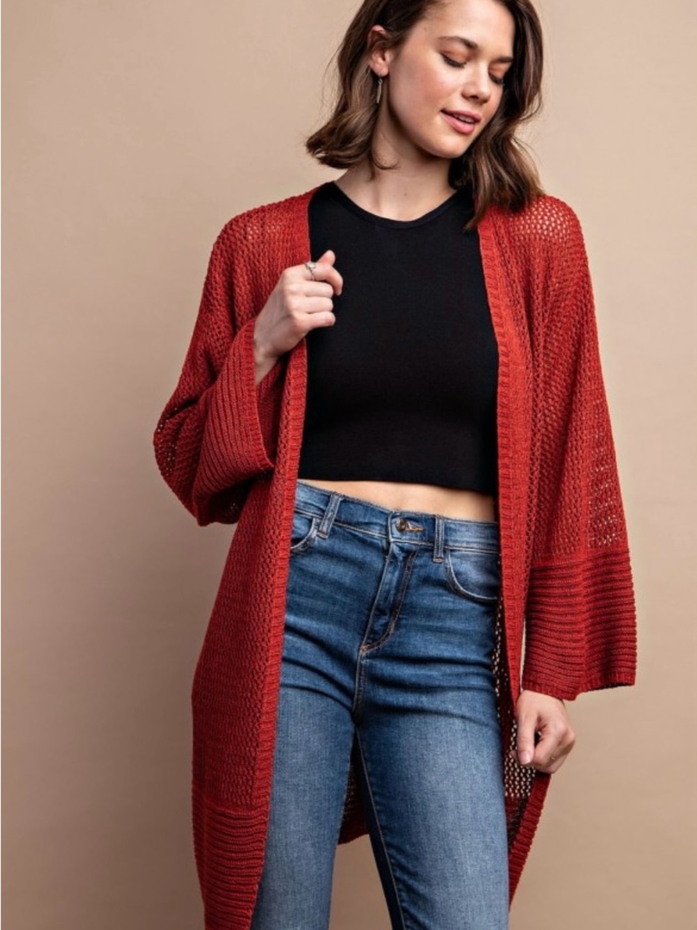 Open-Front Rust Knit Cardigan Sweater for Women